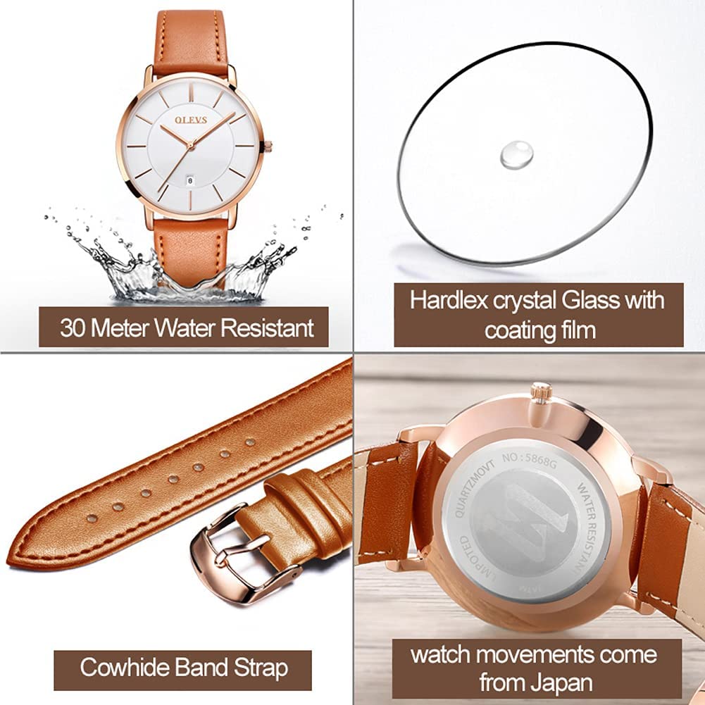 OLEVS Women's Watches for Ladies Female Wrist Watch Leather Band Waterproof Thin Minimalist Casual Simple Dress Quartz Analog with Date Calendar - Image 5